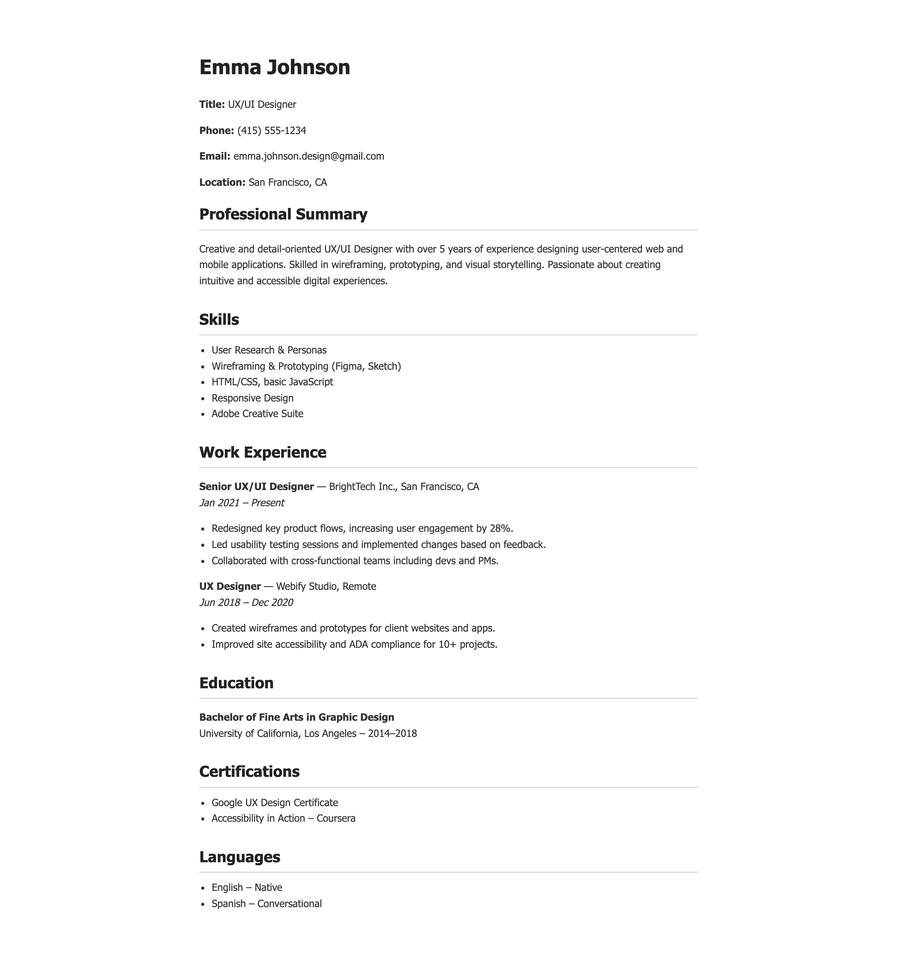 Simple UX/UI Designer Resume Example